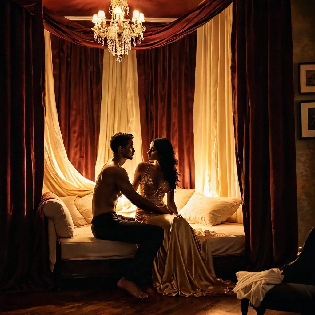 A sultry scene featuring a couple in a softly lit, intimate setting, surrounded by flowing drapes and flickering candlelight. The atmosphere is infused with warmth and desire, highlighting the beauty of their connection through gentle touch and gazes. Include subtle hints of art, such as a nearby canvas with sensual brush strokes. The colors should evoke passion and romance, with deep reds and soft golds. super-realistic. warm tones. intimate ambiance.