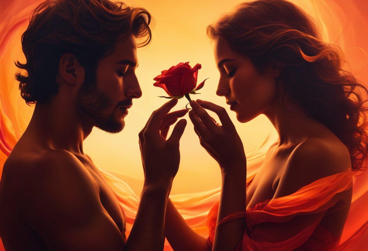 A captivating visual journey representing the evolution of love, featuring a gradient from soft, pastel colors symbolizing tenderness on one side, transitioning to passionate red and gold hues on the other. Include gentle hands intertwined, a blooming rose, and abstract waves of emotion that intertwine through the image. At the heart, a silhouette of a couple embracing signifies deep connection and intimacy. ethereal, painterly style, vibrant colors, dynamic composition.