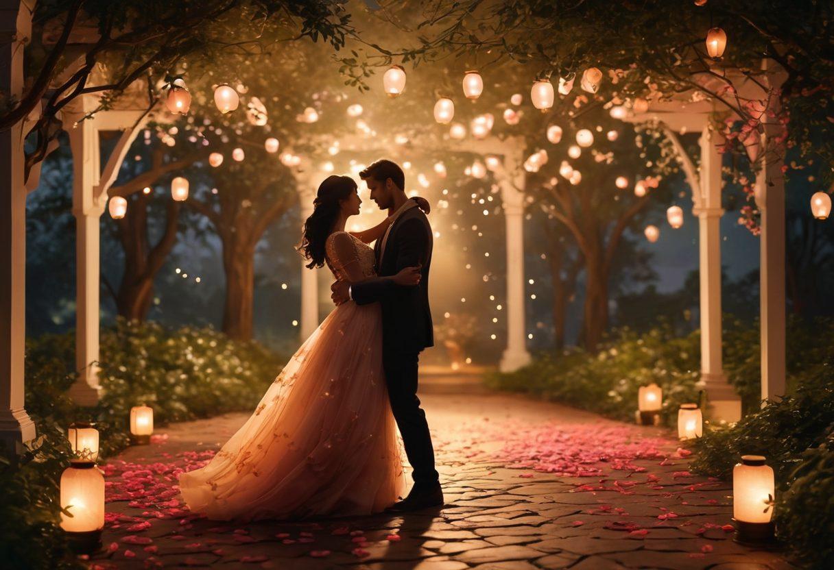 A romantic scene capturing an enchanting dance under the moonlight, with silhouettes of a couple gracefully moving in sync, surrounded by soft glowing lanterns and lush greenery. The atmosphere radiates passion and warmth, with subtle hints of blush and gold in the lighting. Include delicate rose petals scattered on the ground to enhance the allure. super-realistic. vibrant colors. dreamy ambiance.